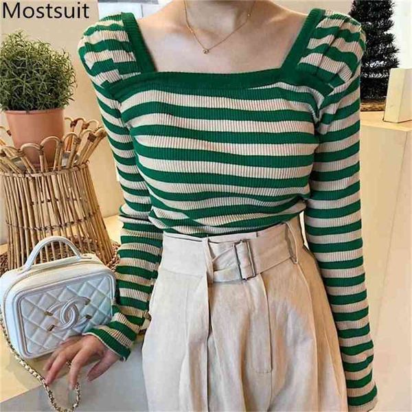 

green color-blocked striped t shirt women full sleeve square collar tees pullovers korean fashion ladies t-shirts 210513, White