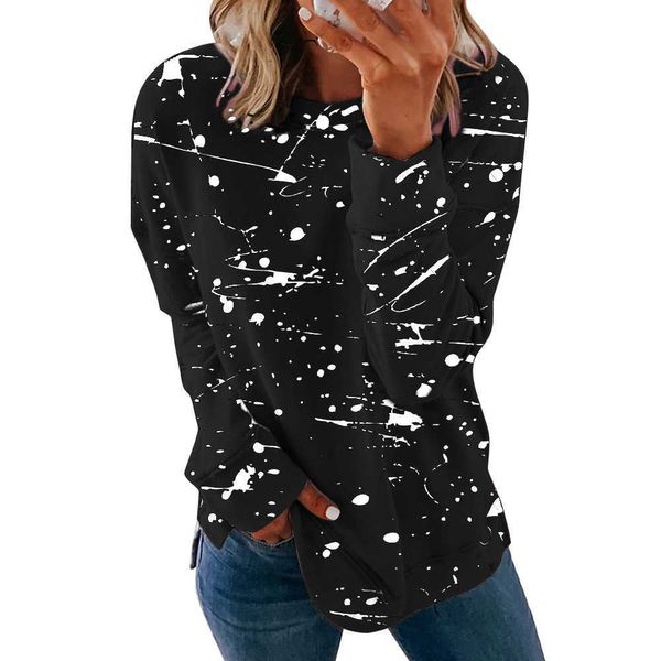 Large Size 5XL Graffiti Print T-shirt da donna Casual manica lunga O-Collo Streetwear T-shirt allentata Autunno Pullover femminile 210526