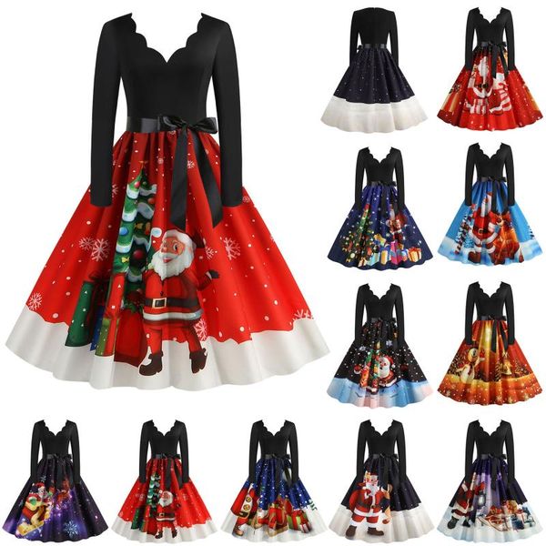 

casual dresses for women 2022 vintage long sleeve christmas 1950s housewife evening party prom midi dress vestidos mujer verano, Black;gray