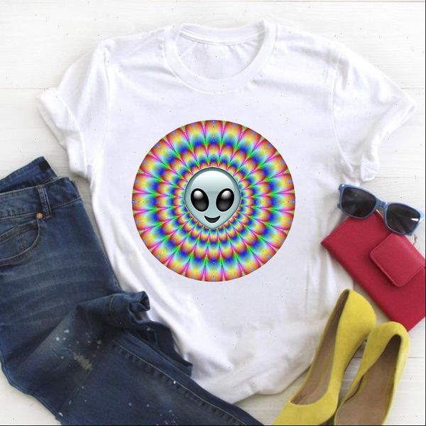 

women ufo face rainbow color printed cartoon ladies summer t tee female shirt clothes womens graphic, White