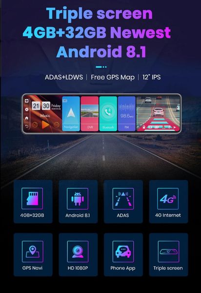 

car video 12-inch 4g dvr android 8.1 4g+32g streaming media rearview mirror dual fhd 1080p camera adas gps navigation dash cam