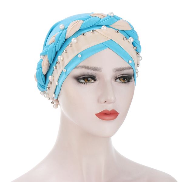 

2021 muslim women turban cap fashion double nail pearl beaded women headscarf elastic loose wrap headscarf hair accessories, Blue;gray