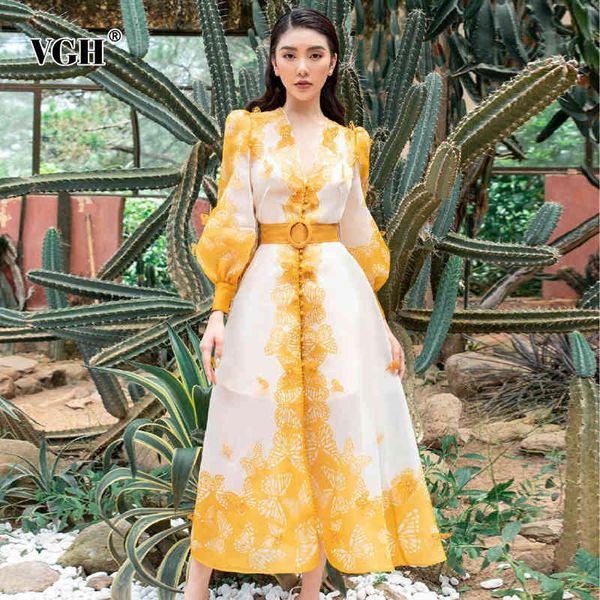 

vgh elegant print dress for women v neck long sleeve high waist hit color midi dresses female fashion new clothing autumn 210421, Black;gray