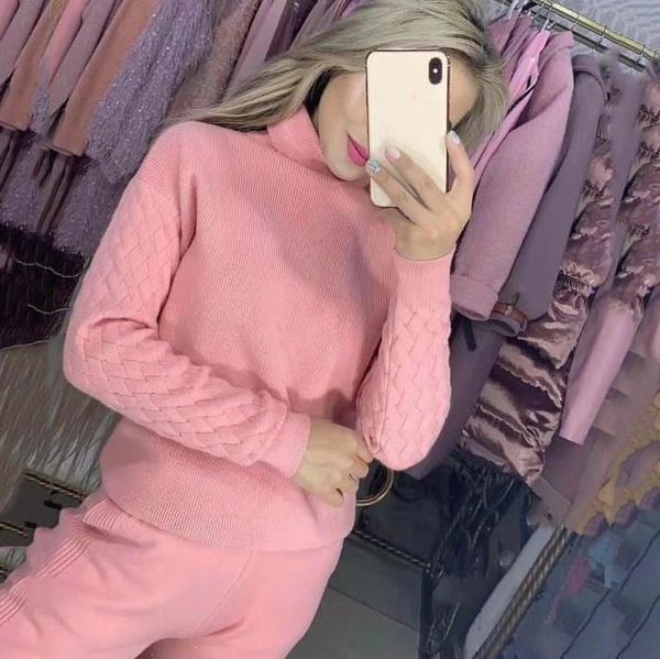 

two piece dress turtleneck knitted tracksuit women 2 set pullover sweatshirts pants jumper suit clothing, White