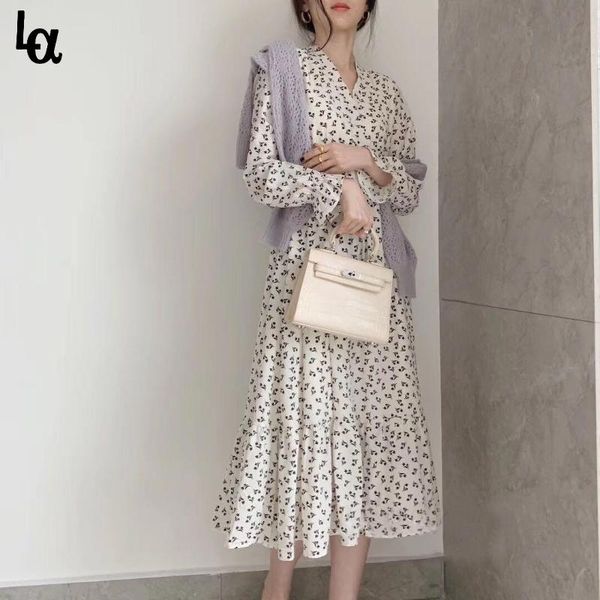 

casual dresses luck a elegant sweet spring autumn long butterfly sleeve dress women v-neck flower printed ulzzang high waist ladies, Black;gray