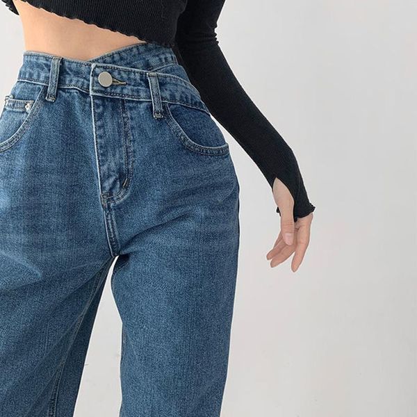 

women's jeans high waist blue 2021 korean denim pants wild daily casual girl loose trouser streetwear jean femme