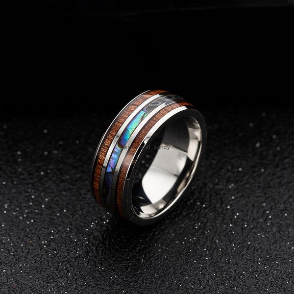 8mm inlay Hawaiian Koa Koa Abalone Shell Anéis de Dedo Band Titanium Titanium Anel de Aço Inoxidável para Mulheres Homens Moda Jóias Will e Sandy