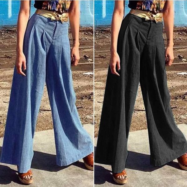 

women's pants & capris zanzea 2021 women zipper up high waist wide leg long trousers solid casual pockets pantalon palazzo streetwear b, Black;white