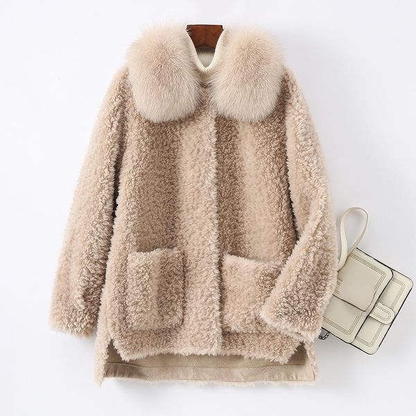 

women's fur & faux high-end wool coat 100% genuine woolen jackets female autumn collar sheep shearing jacket abrigos mujer gmm576, Black