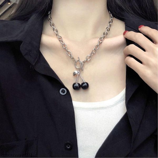 

pendant necklaces cute black cherry necklace for women girl hip hop unique daily fruit alloy choker gifts trendy jewelry 2021, Silver