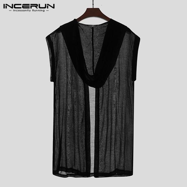

men's fashion vests open stitch solid color see through streetwear waistcoat hooded men outerwear sleeveless casual coats incerun, Black;white