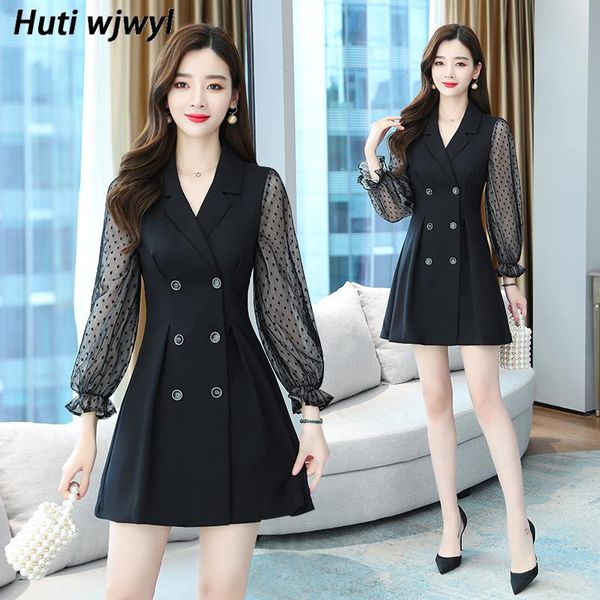 

casual dresses autumn black mesh club mini suit 2021 vintage 3xl plus size long sleeve solid dress elegant women bodycon vestidos, Black;gray