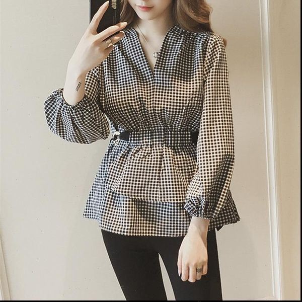 

v neck striped casual women shirt long sleeve slim waist korean blouses femininas blusas, White