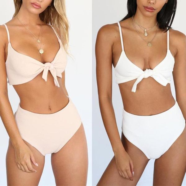 

women's swimwear solid high waist bow women bikini set print push-up padded swimsuit 2021 halter bikinis maillot de bain #es, White;black
