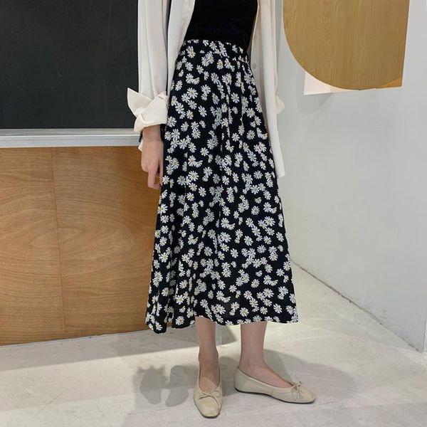 

skirts liberjog women high waist daisy flower print skirt loose fairy long summer female vintage, Black