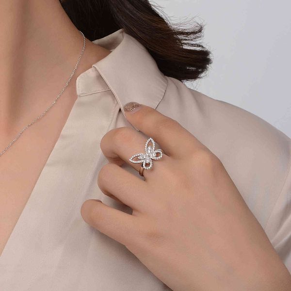 

shipai jewelry 2021 selling 925 sterling silver full diamond women's ring hand decoration simulation bow ring, Slivery;golden