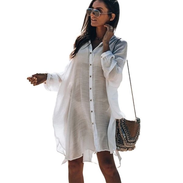 

lantern sleeve single breasted beach shirt swimwear cover up women brazilian loose bathing suit ups see-through mini dress 210604, Black;gray