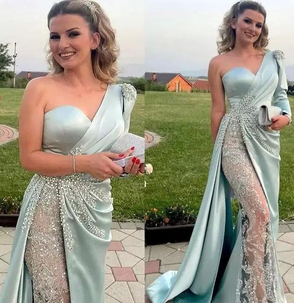 Abiti da sera firmati maniche lunghe verde menta una spalla paillettes in rilievo pizzo cristalli increspati sirena spacco laterale abito da ballo di fine anno plus size vestido