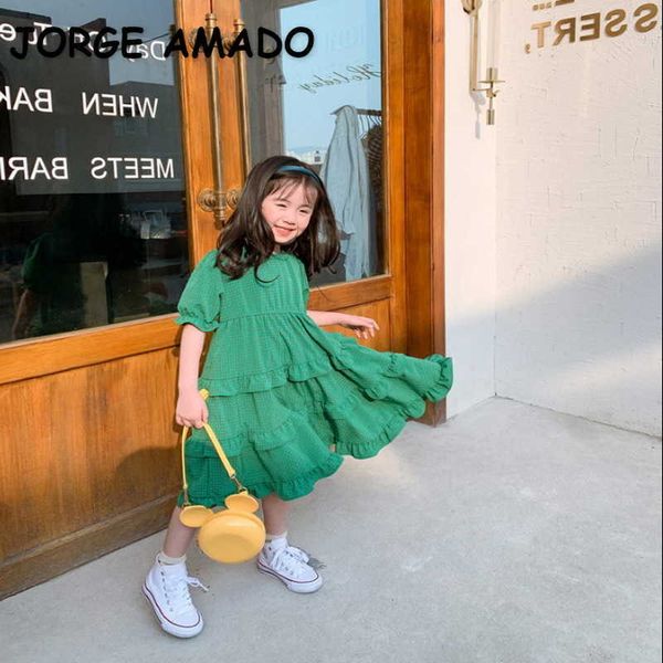 Летние дети девушки платья зеленые розовые открытые задние короткие слоеные рукава слоистые платье детские мода одежда E8045 210610