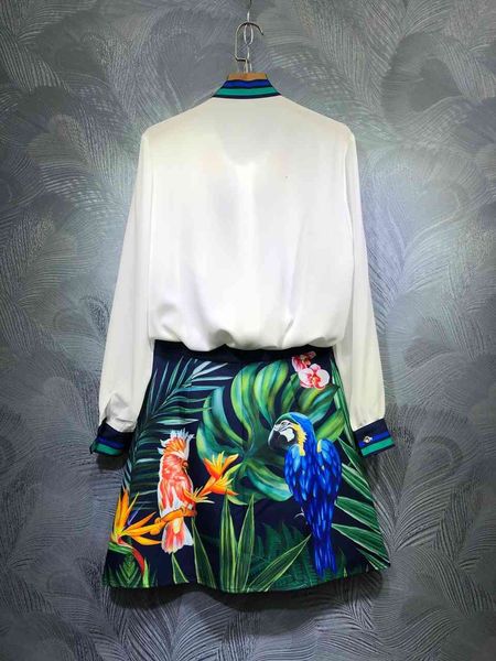 

ladies skirt spring summer casual skirt suits women bow collar leaves long sleeve shirts+cute birds print beading mini skirts set, White