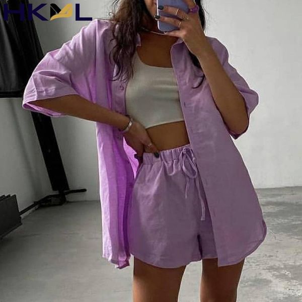 

women's tracksuits solid color two piece set single breasted lapel short sleeve shirt loose drawstring mini shorts summer 2021, Gray