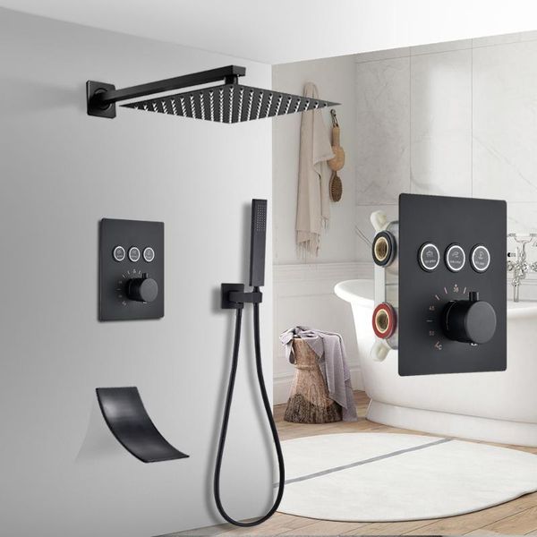 

bathroom shower sets matte black thermostatic faucet set rain waterfall bathtub system mixer tap wall mounted button