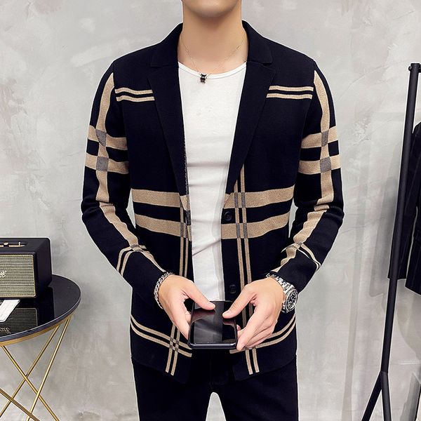 

mens knitted sweater jacket men fashion brand slim striped long sleeve suit collar cardigan wool jacket coat, White;black