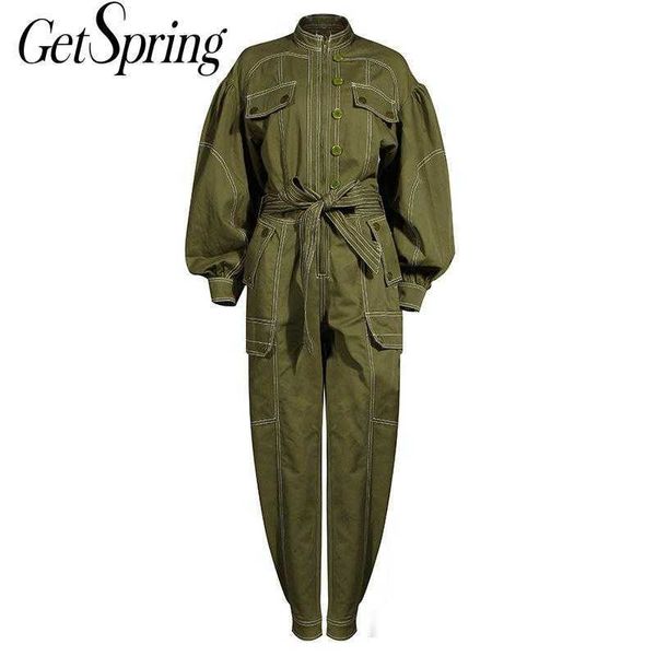 

getspring women jumpsuit puff sleeve bandage vintage rompers womens casual long bodysuit 210601, Black;white