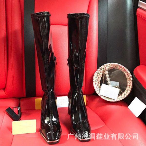 

high boots women autumn style square head straight high heels knee high knight boots women, Black