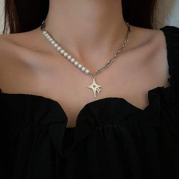 

pendant necklaces vsnow creative asymmetric star simulation pearl beaded necklace for women chain metallic rhinestone jewelry, Silver