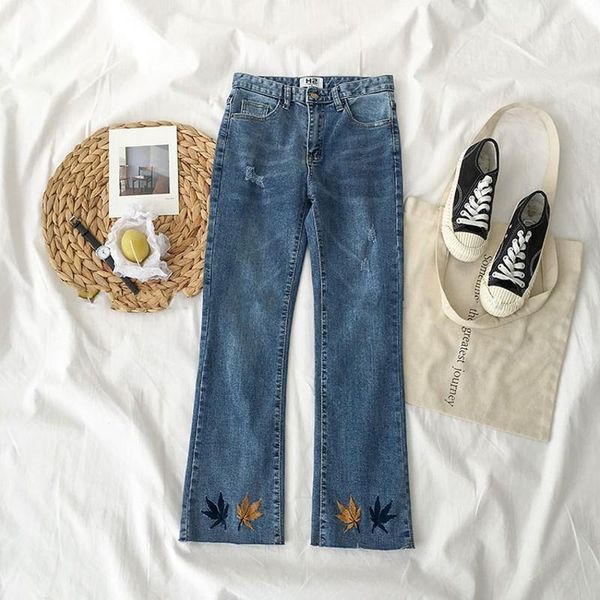 

women's jeans embroidered chic 2021 hig-waist pocket casual denim pants straight girl trousers blue