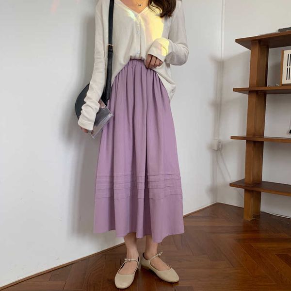 

skirts elastic waist long midi women a-line loose casual summer dress cotton striped korean solid elegant streetwear office z112 a, Black