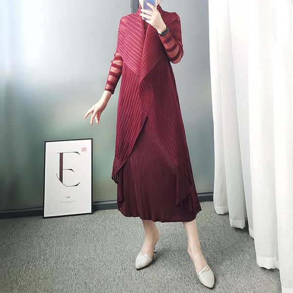 

casual dresses miyake pleated high fashion two piece overall dress french lace turndown collar long women vintage aesthetic clothes, Black;gray