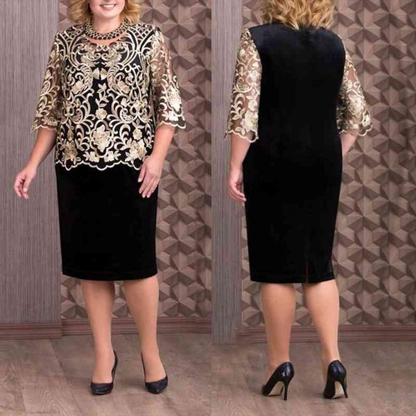 

elegant o neck half sleeve womens dress fake two piece lace bodycon knee-length gifts for summer plus size 5xl, Black;gray