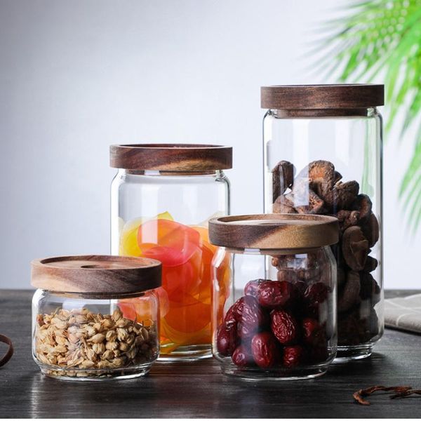 

storage bottles & jars household large-capacity glass with lids transparent sealed tins tea wooden