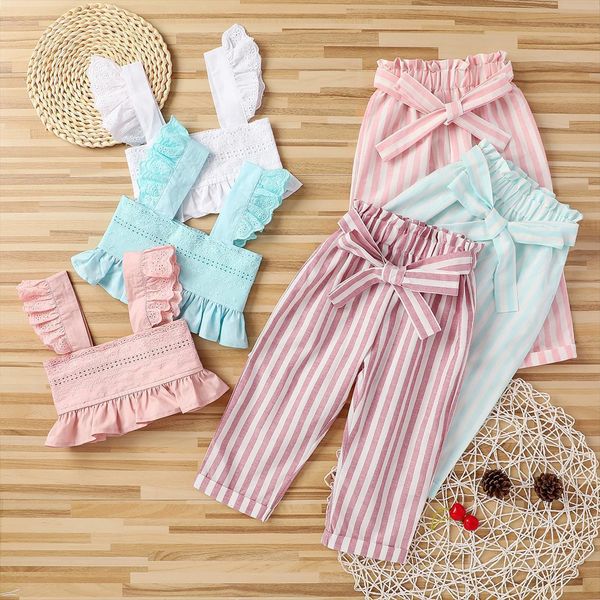 

pudcoco us stock fashion cute toddler baby girl kids outfits clothes strap bow long pants trousers 2pcs summer sets, White