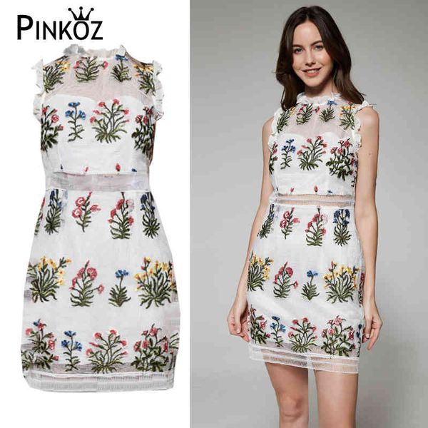 Runway-Designer-Mini-Resort-Kleid mit Blumenstickerei für Damen, Sommerparty, gerüscht, ärmellos, ausgehöhlt 210421
