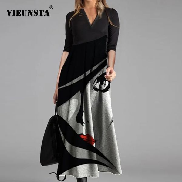 

v neck cartoon print women long dress spring buttoned patchwork party dress autumn long sleeve vintage maxi dresses vestido, Black;gray