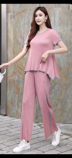 

dresses miyake fold fashion o-neck short sleeve irregular t-shirt wide-legged pants two-piece stripe suit, White