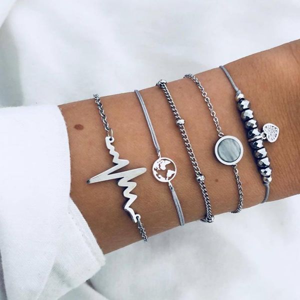 

charm bracelets diezi simple ocean map heart beads bracelet sets for women silver metal chain boho statement jewelry gifts, Golden;silver