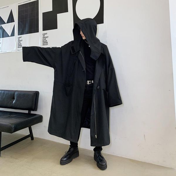 

men's trench coats men cloak oversize loose casual black hooded long coat male women streetwear gothic windbreaker jacket overcoat, Tan;black