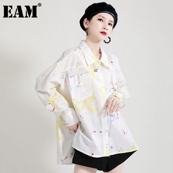 

[eam] women yellow blue print pocket letter blouse lapel long sleeve loose fit shirt fashion spring autumn 1dd6658 210512, White