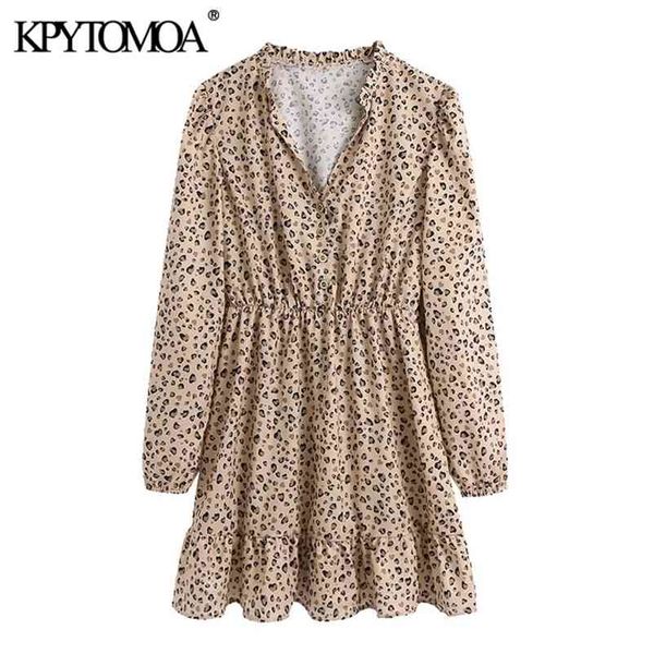 

women chic fashion leopard print ruffled mini dress vintage long sleeve elastic waist female dresses vestidos 210420, Black;gray