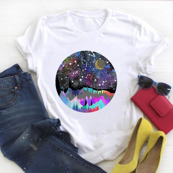 

cartoon watercolor moon star night womens t shirt print summer tee clothes graphic, White