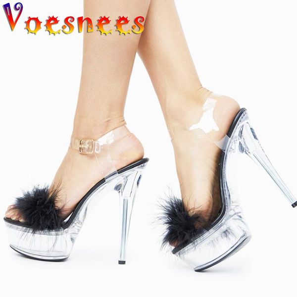 

sandals fur decoration buckle thin heels transparent platform 15cm super high crystal heel peep toe pole dancing women shoe, Black
