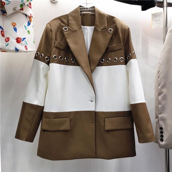 

women's suits & blazers autumn 2021 fashion metal-ring patchwork hit color women loose notched collar long sleeve suit jacket casual ve, White;black