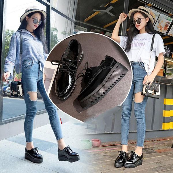 

women's pump platform shoes british style retro carved lace-up casual round toe wedge heel female shoe dress, Black