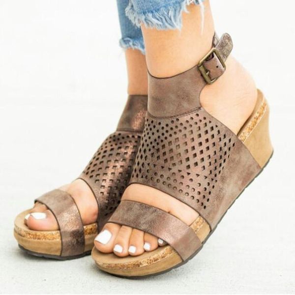 

women sandals female hollow pu open toe cork wedge shoes platform slingback fashion ladies buckle strap breathable footwear, Black