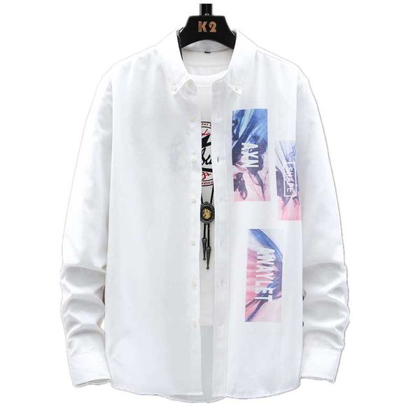 

printed shirt men 2021 fashion retro trend letter youth casual turn-down collar men's shirts long sleeve, White;black