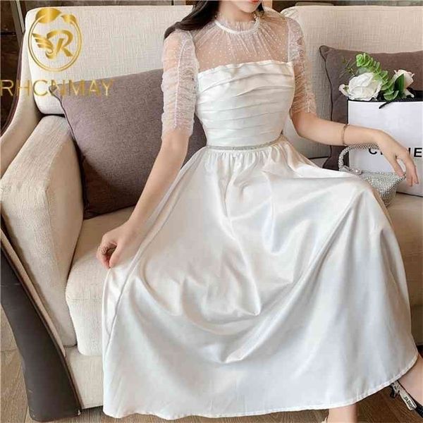 

runway summer dress woman milk white high waist mesh patchwork pile up sleeve elegant party es female 210520, Black;gray